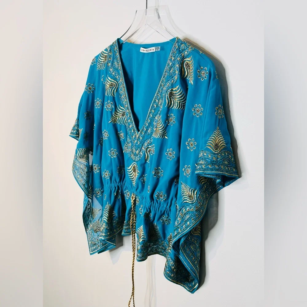 Alice + Olivia Sharita Blue Green Teal Gold Embroidered Drawstring Top Blouse - Picture 7 of 15